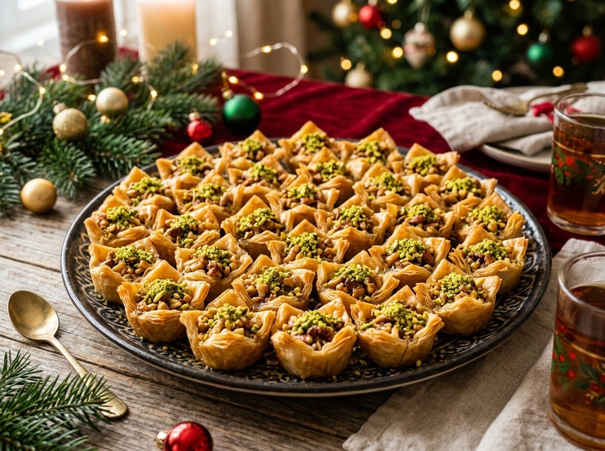 Mini Baklava Cups Recipe A delightful display of mini baklava cups with honey syrup and nuts on a decorative platter.