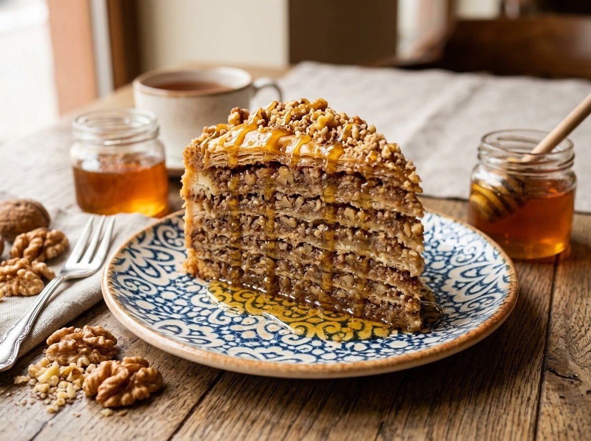 A slice of walnut baklava cake with honey syrup on a plate, decorated with walnuts and a jar of honey.