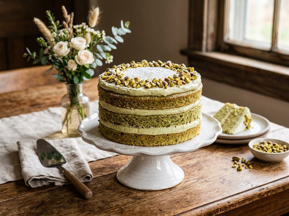 Elegant Honey Pistachio Cake Recipe Elegant honey pistachio cake on a stand, garnished with powdered sugar and pistachios on a rustic table.