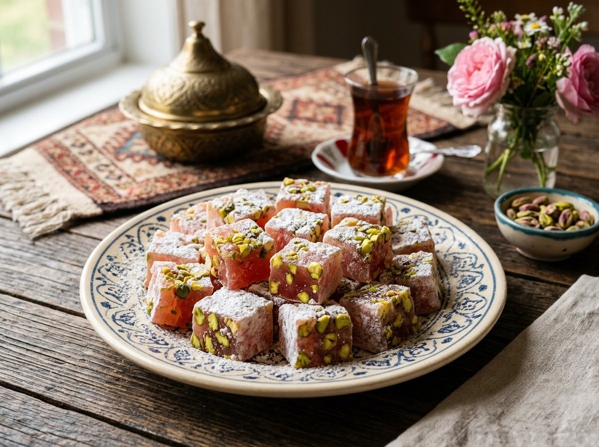 Chewy Rosewater and Pistachio Turkish Delight Recipe A plate of soft Turkish delight pieces with rosewater flavor and pistachios, dusted with powdered sugar.