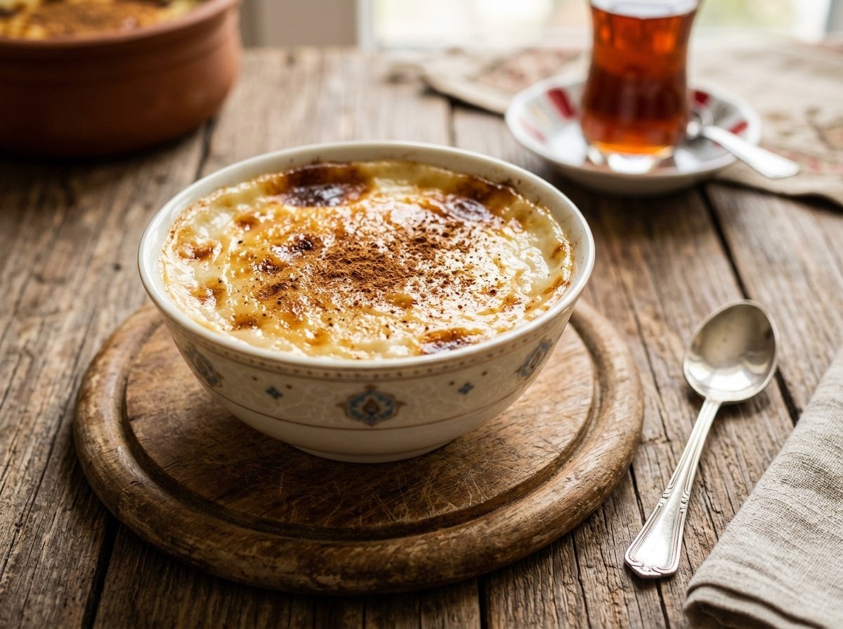Creamy Turkish rice pudding with a caramelized top garnished with cinnamon, served in a bowl on a rustic table.
