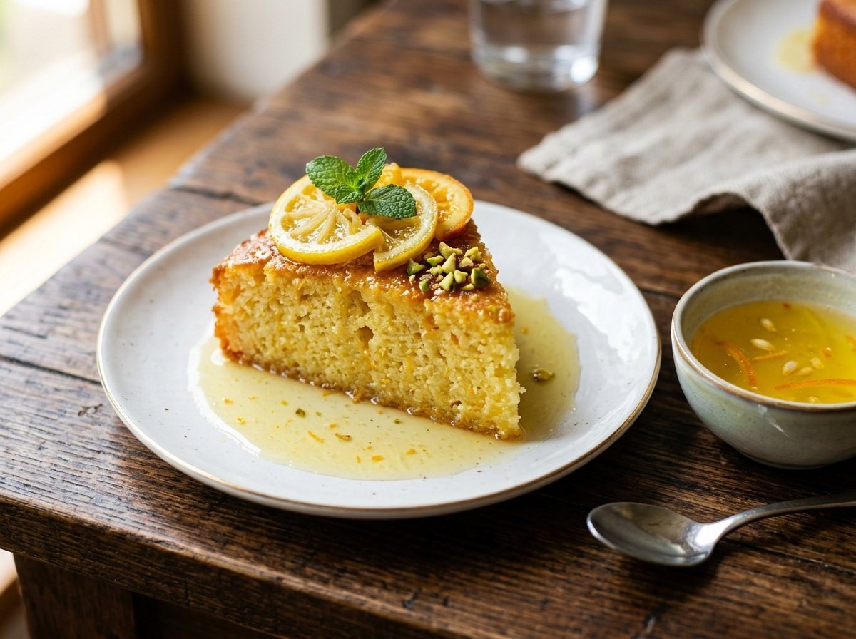 Moist Turkish Revani Cake Soaked in Citrus Syrup A slice of moist Turkish Revani cake drizzled with citrus syrup, garnished with lemon and orange slices, on a white plate.