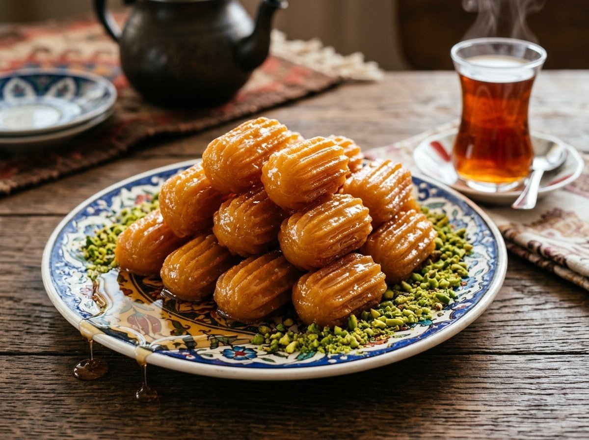 Golden Turkish Tulumba pastries soaked in syrup on a decorative plate with crushed pistachios and Turkish tea.