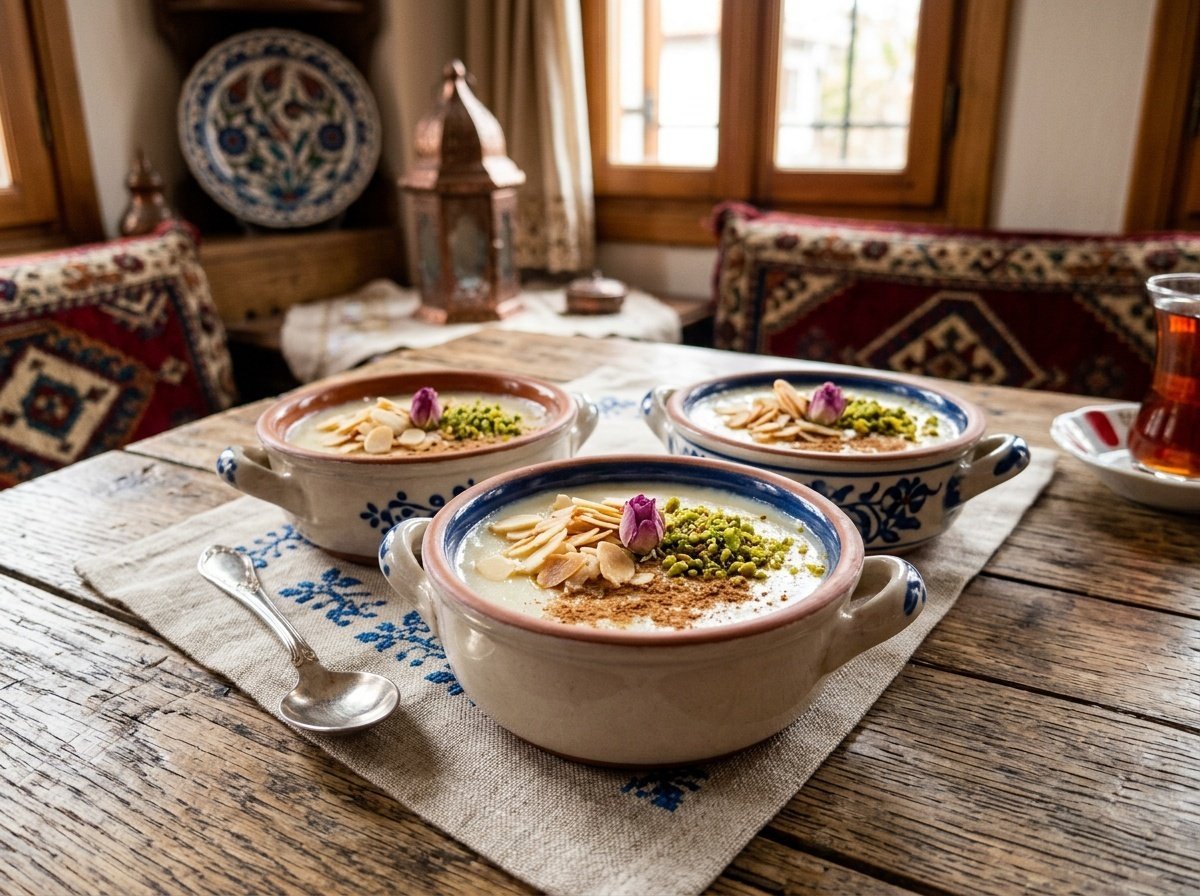 Silky Turkish Almond Pudding Recipe Silky Turkish almond pudding in ramekins topped with sliced almonds and crushed pistachios on a rustic table.