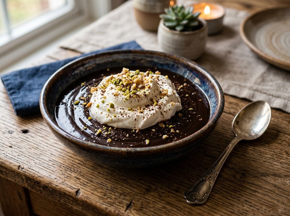 Rich Turkish Chocolate Pudding Recipe Rich Turkish chocolate pudding topped with whipped cream and nuts on a rustic table.