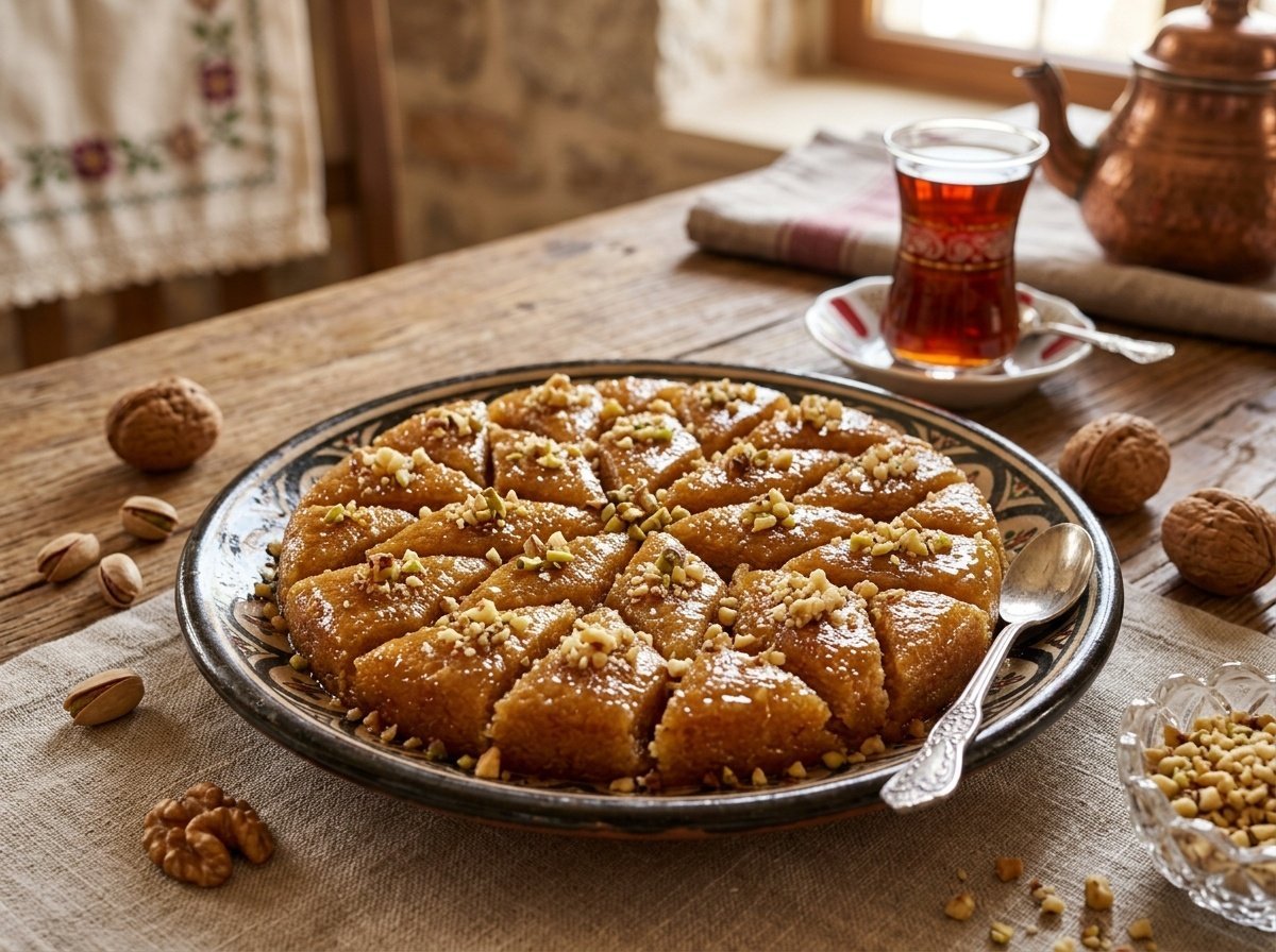 Buttery Turkish Semolina Halva with Toasted Nuts Recipe Golden Turkish semolina halva cut into diamond shapes, garnished with nuts, on a plate with a cup of tea in the background.