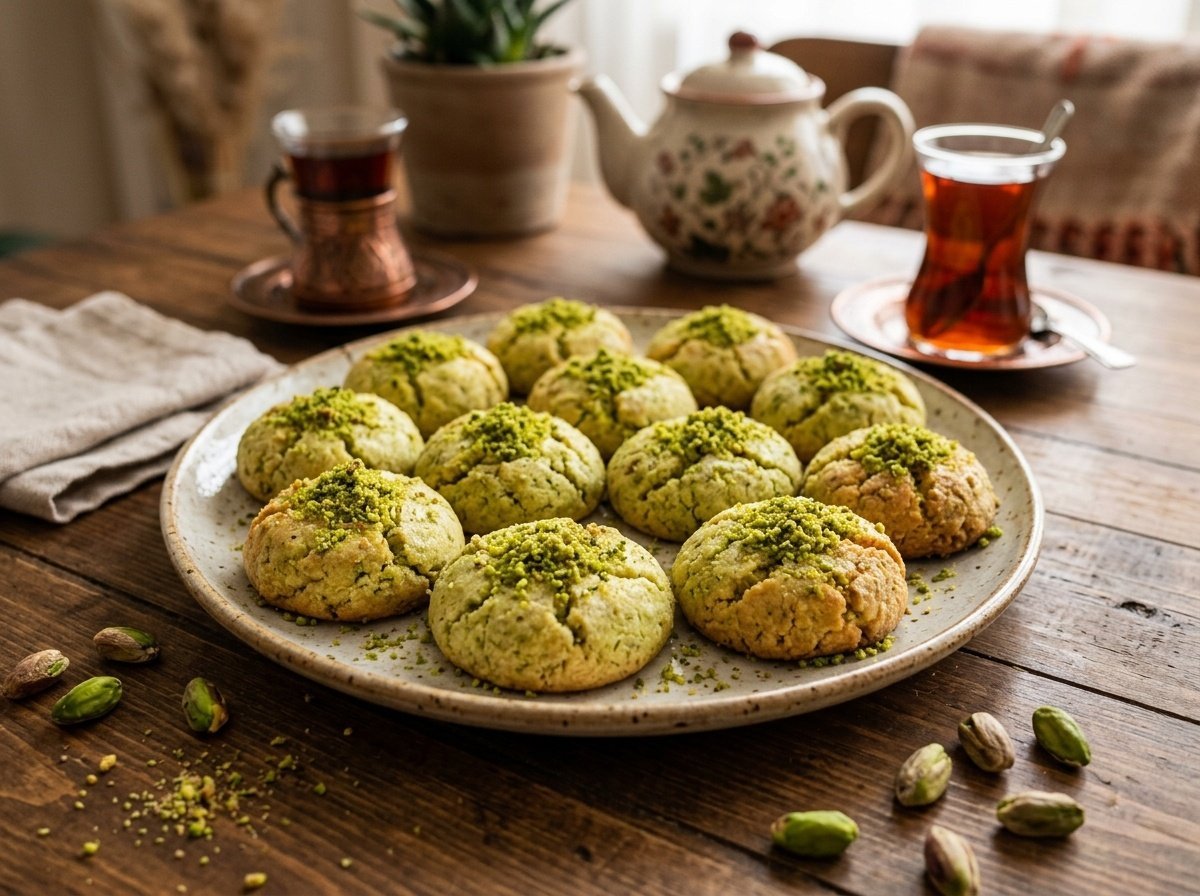Soft Turkish Pistachio Cookies with Crisp Golden Edges Soft Turkish pistachio cookies with golden edges and chopped pistachios on a plate.