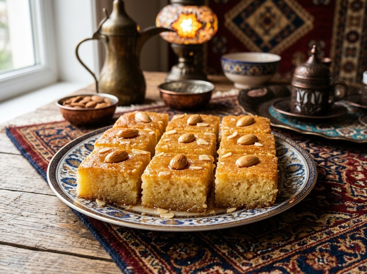 Golden squares of moist basbousa topped with almonds, soaked in syrup, arranged on a decorative plate.