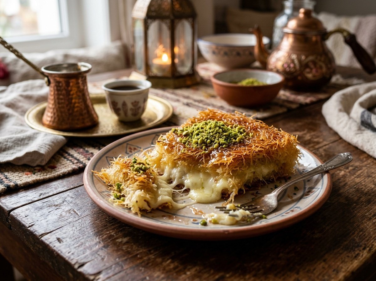 Gooey Cheese Knafeh with Pistachios Recipe A delicious serving of Knafeh dessert with crispy layers, melting cheese, pistachios, and syrup on a rustic table.