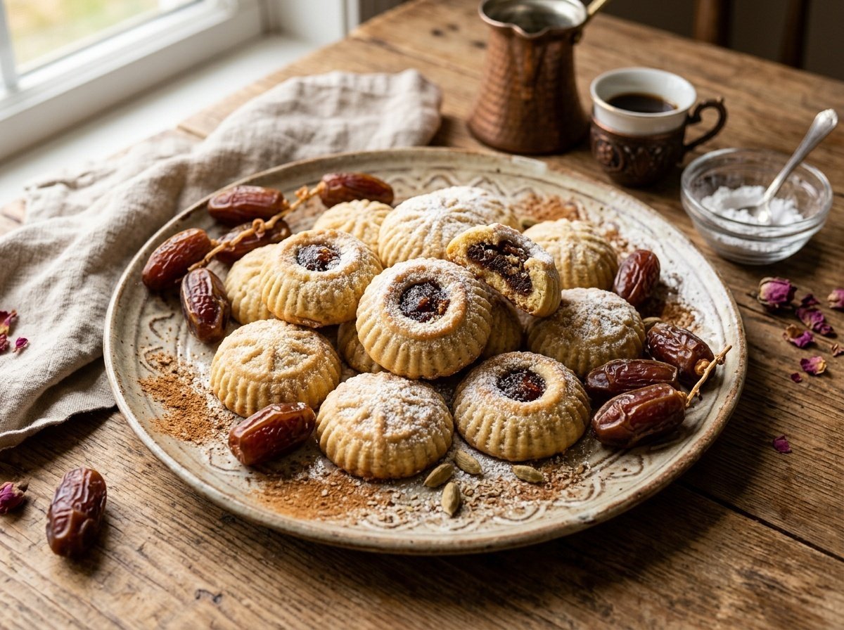 Buttery Middle Eastern Date Cookies with Sweet Spiced Centers A plate of Middle Eastern date cookies, golden and dusted with powdered sugar, with dates and spices in the background.