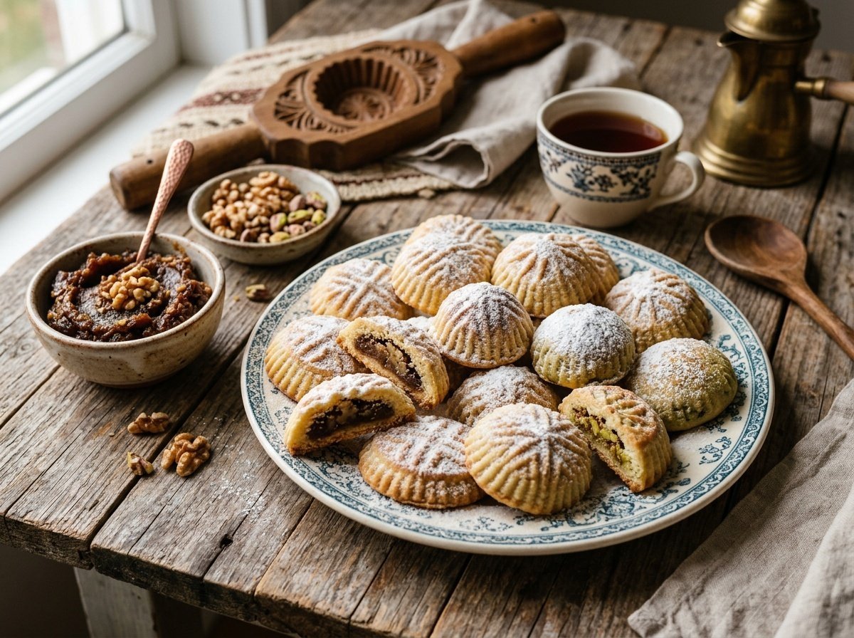 Traditional Middle Eastern Maamoul Cookies with Date Filling A plate of traditional Maamoul cookies dusted with powdered sugar, with date filling and nuts on a wooden table.