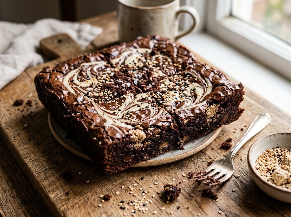 Fudgy brownies with sesame swirls and halva pieces on a rustic wooden plate.