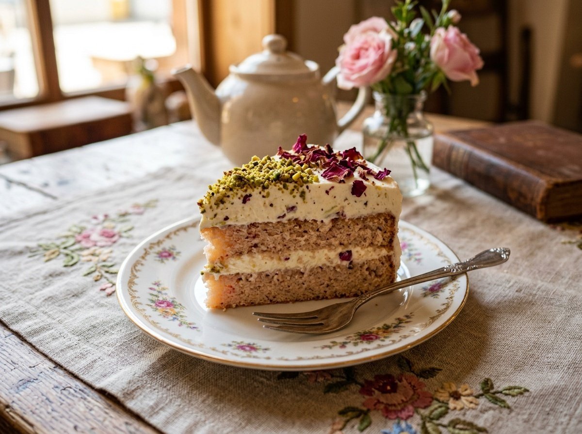 Fragrant Middle Eastern Rose Milk Cake Recipe Slice of Middle Eastern rose milk cake with creamy layers, garnished with pistachios and rose petals on a vintage plate.