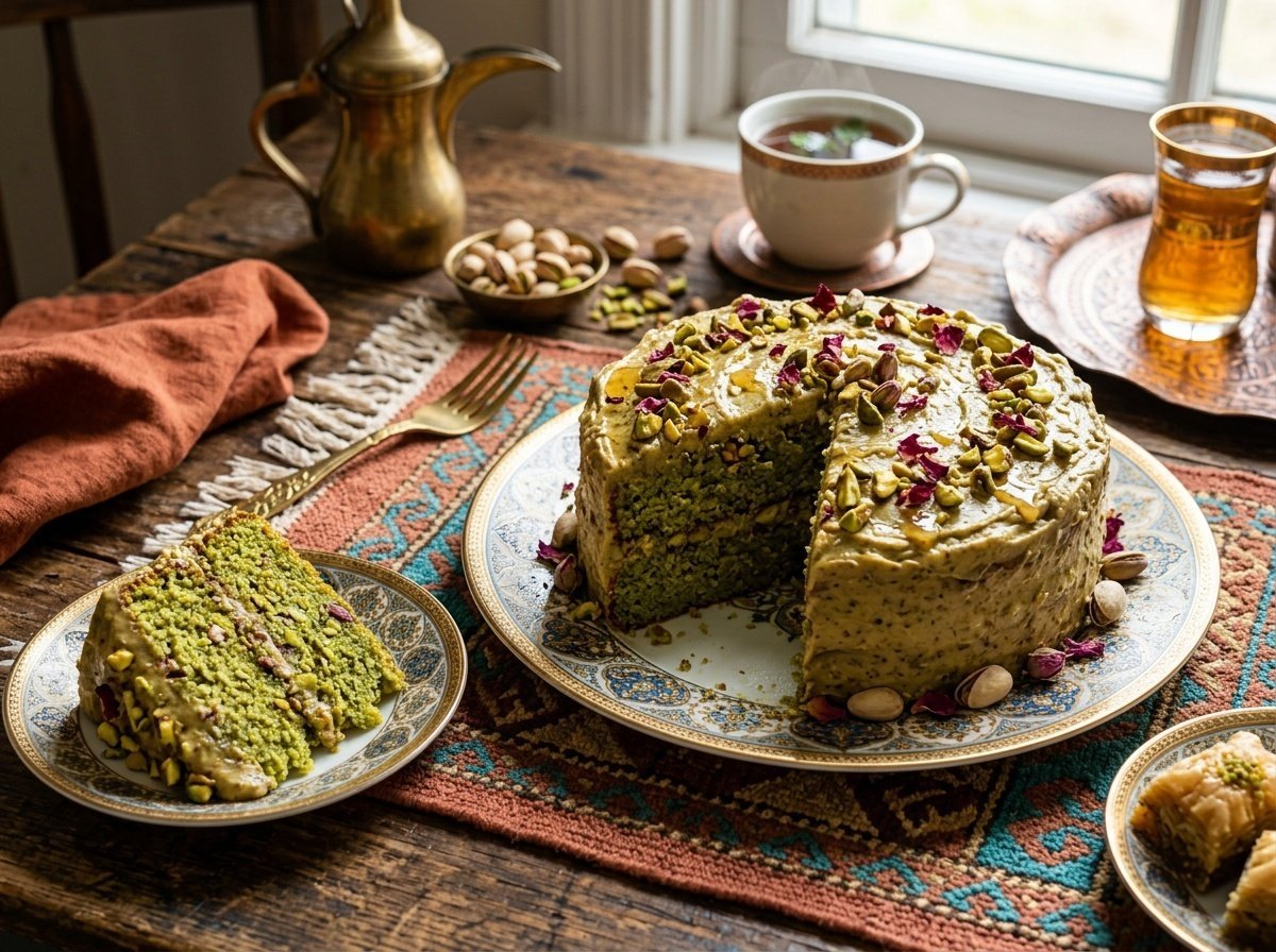 Moist pistachio cake with nutty frosting and pistachio garnish on a decorative plate.