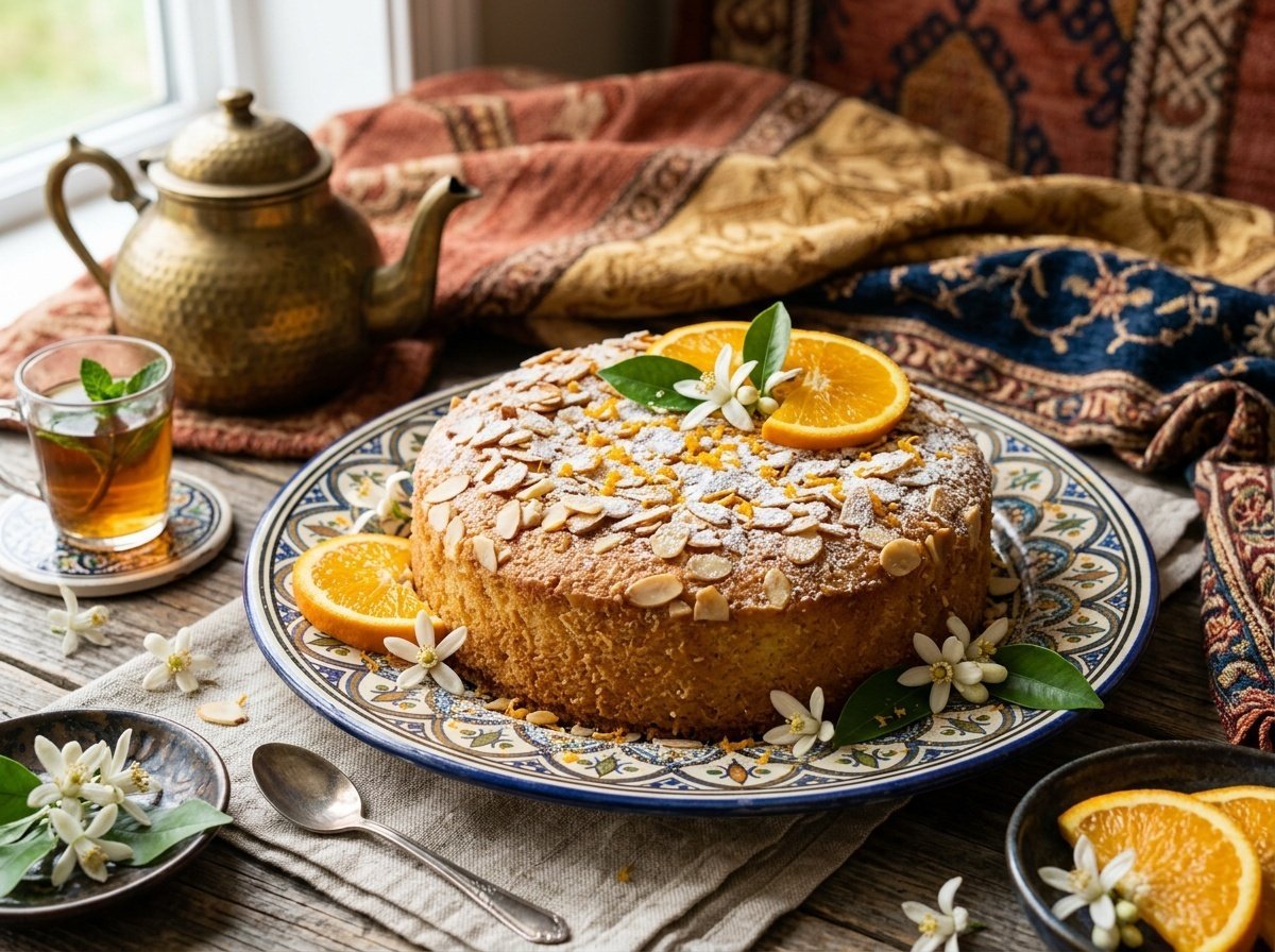 Fragrant Middle Eastern Orange Blossom Cake with Almonds A slice of fragrant orange blossom cake with almonds, garnished with powdered sugar and orange slices, displayed on a decorative plate.