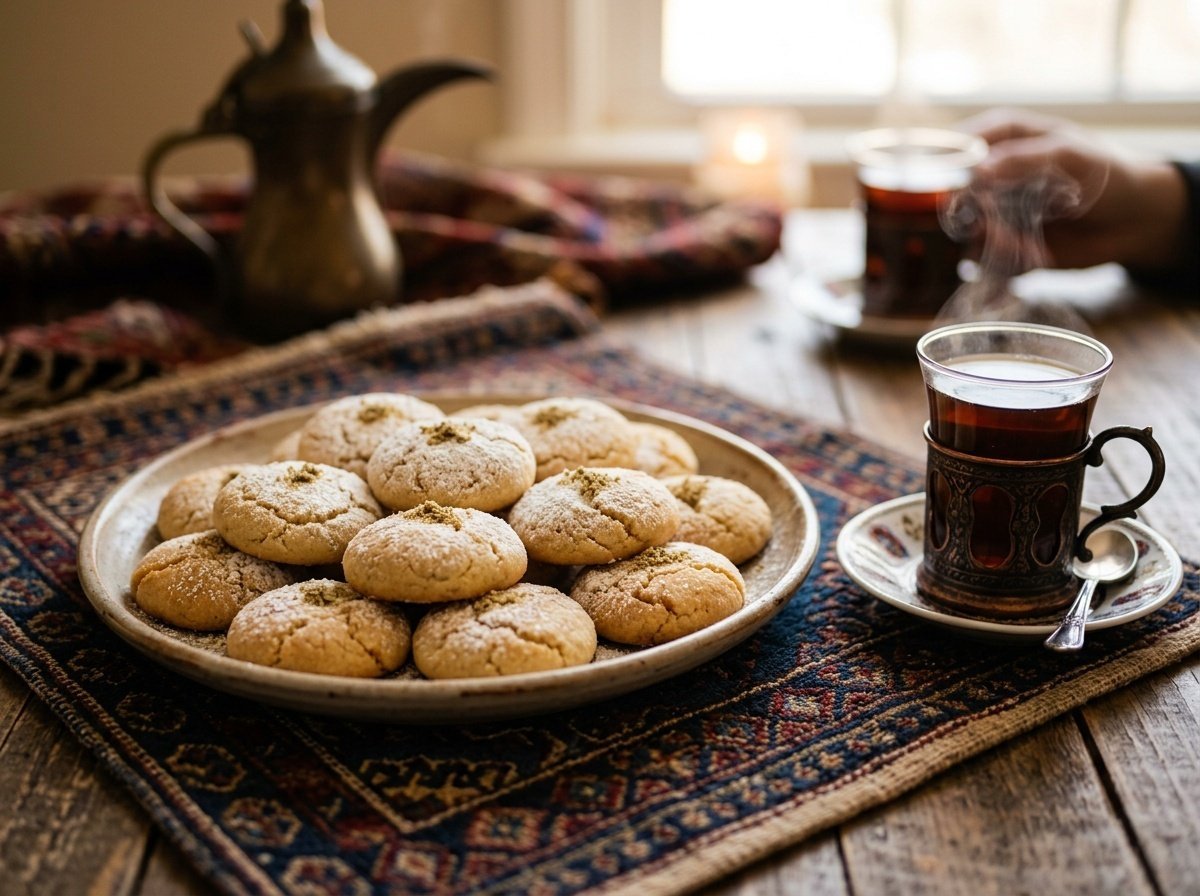 Middle Eastern Cardamom Cookies Recipe A plate of buttery cardamom cookies dusted with powdered sugar next to a cup of tea on a patterned cloth.