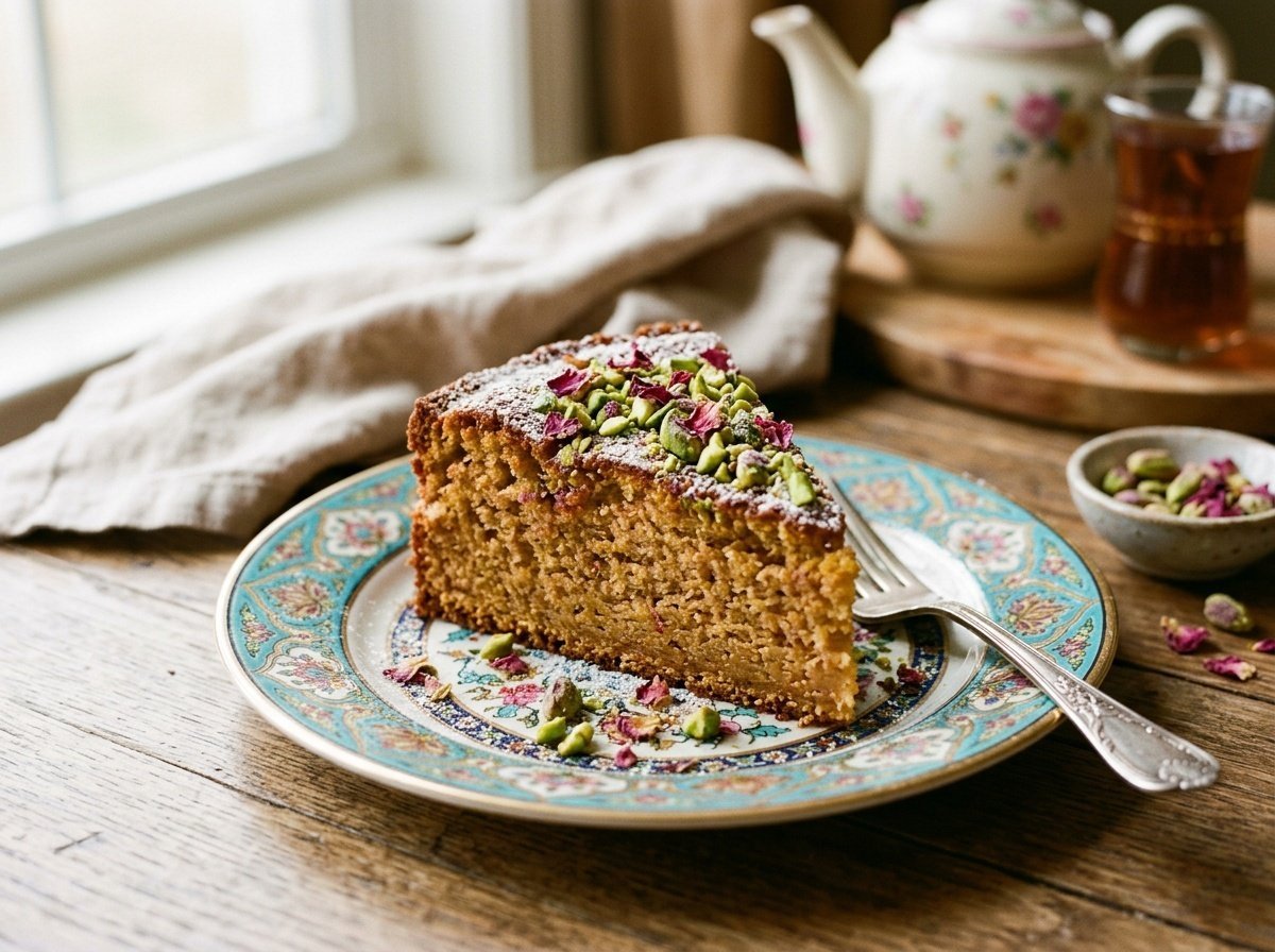 A slice of Persian Love Cake topped with pistachios and powdered sugar, presented elegantly on a plate.
