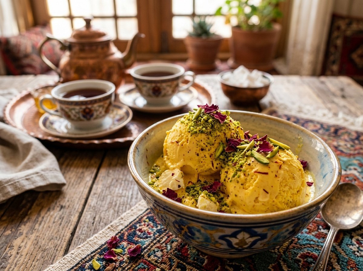 Bowl of saffron ice cream garnished with rose petals and pistachios on a rustic wooden table.