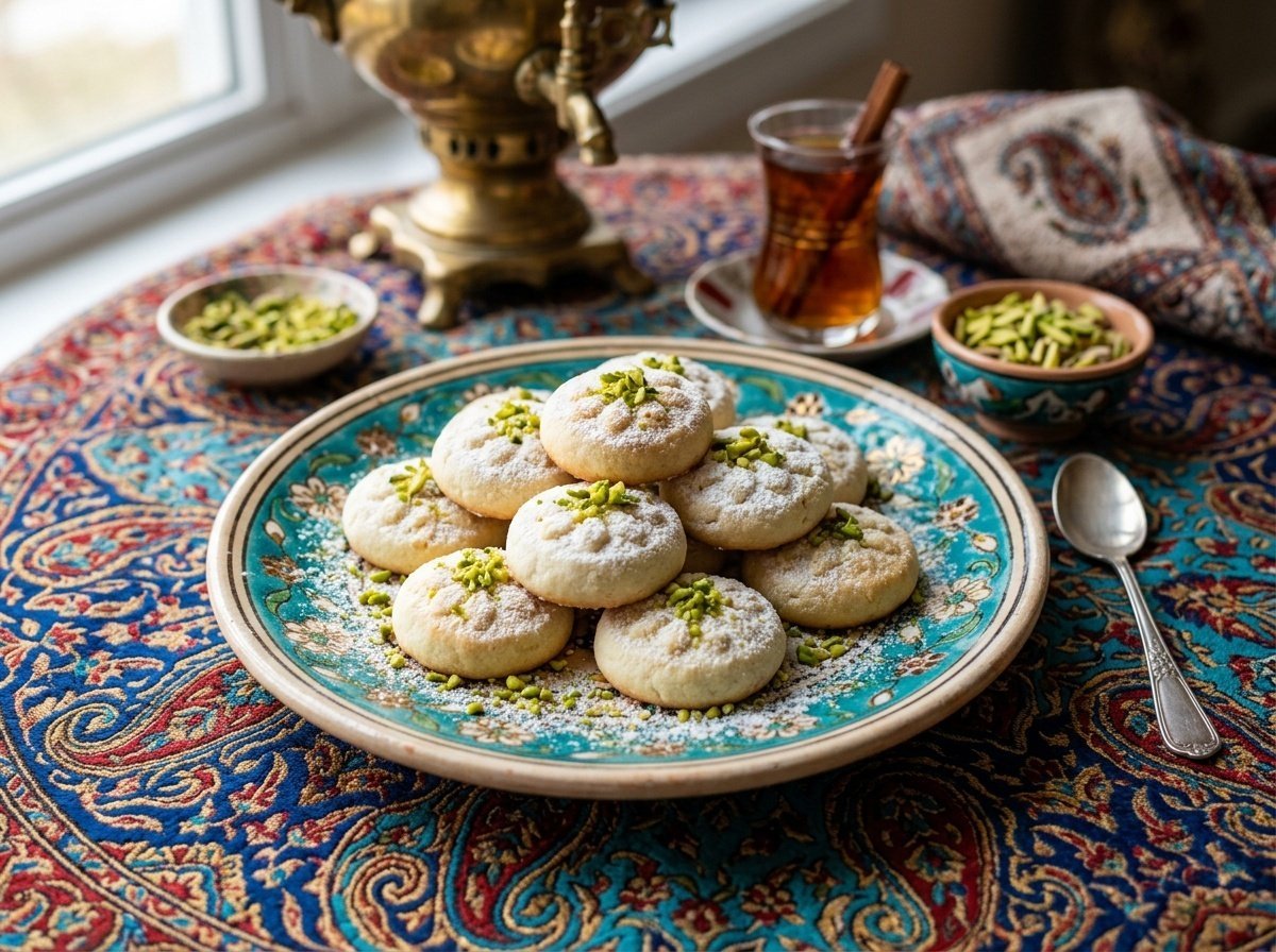 Delicate Persian Rice Flour Cookies with Rosewater and Cardamom A plate of delicate Persian rice flour cookies with pistachio garnish on a decorative tablecloth.