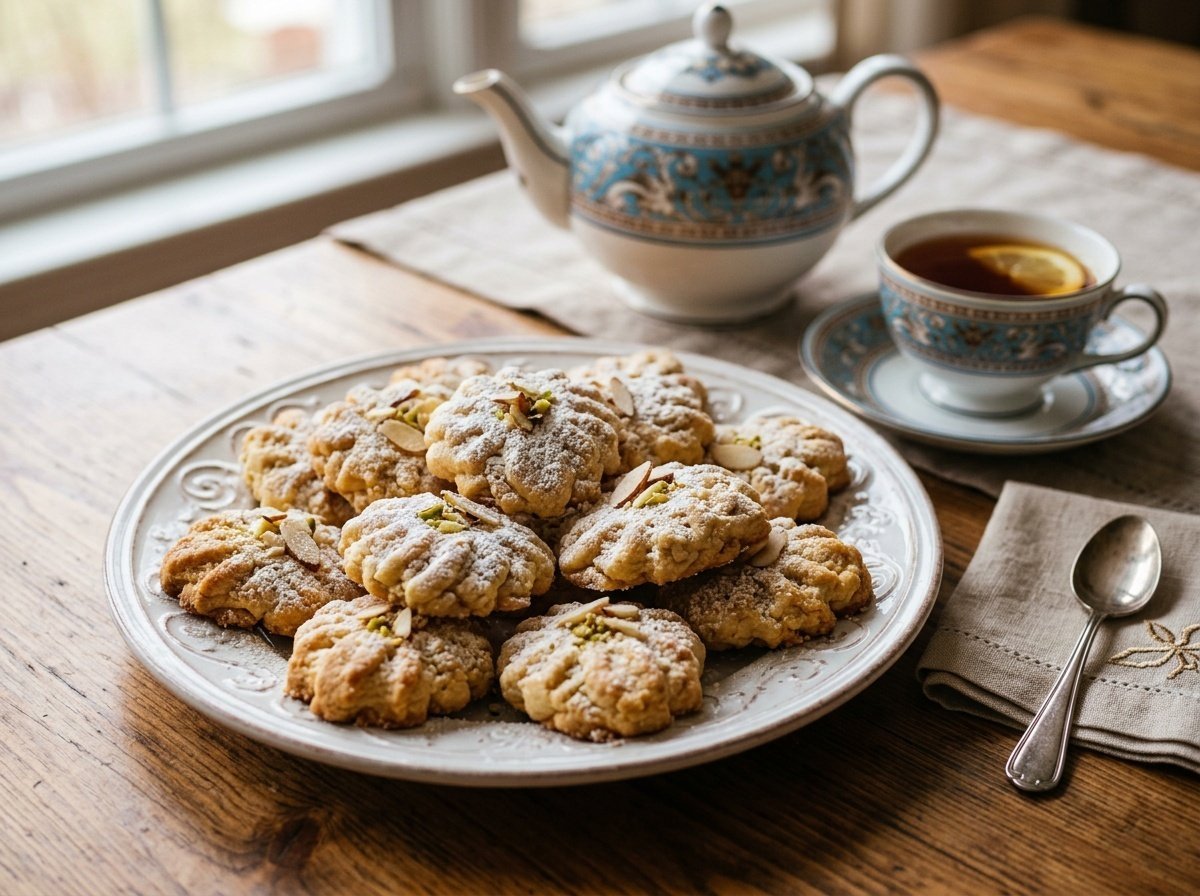 A plate of buttery Persian almond cookies topped with slivered almonds and powdered sugar, elegantly arranged on a table.