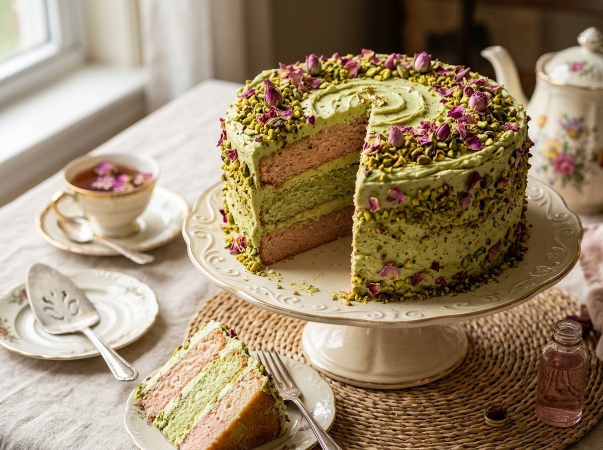 Elegant Persian Rosewater Cake with Pistachio Frosting Persian Rosewater Cake with pistachio frosting and rose petal decoration on a vintage cake stand.