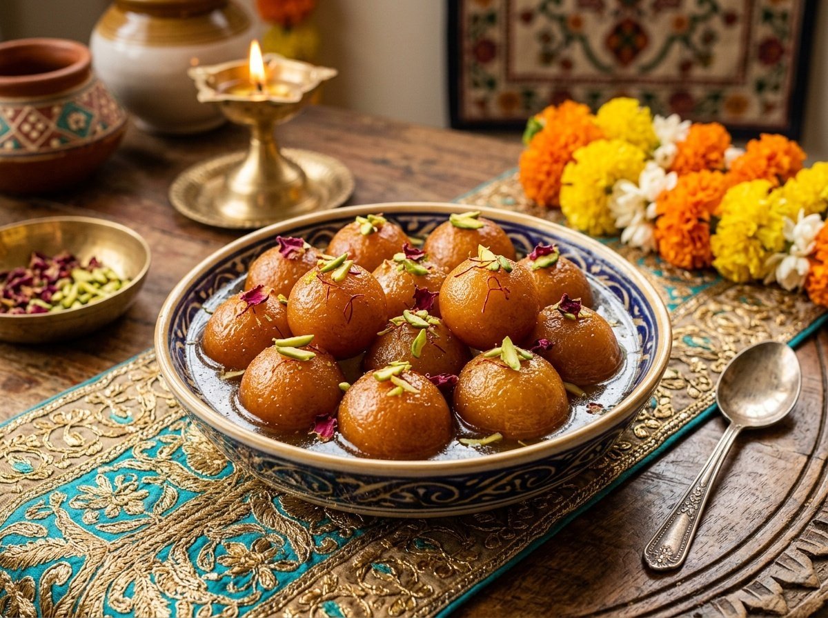 Soft Indian Gulab Jamun Recipe Gulab Jamun soaking in fragrant syrup, garnished with pistachios and rose petals.