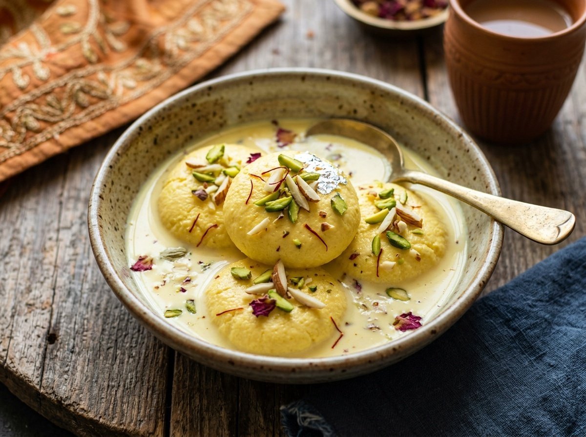 A bowl of creamy Indian rasmalai with cheese cakes, garnished with pistachios and almonds.