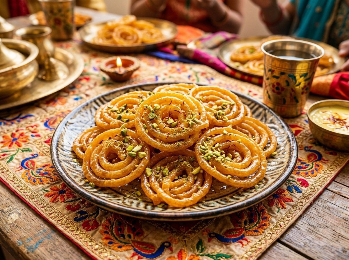 Crispy Indian Jalebi Recipe Crispy Indian jalebi spirals drenched in syrup, garnished with pistachios on a decorative plate.