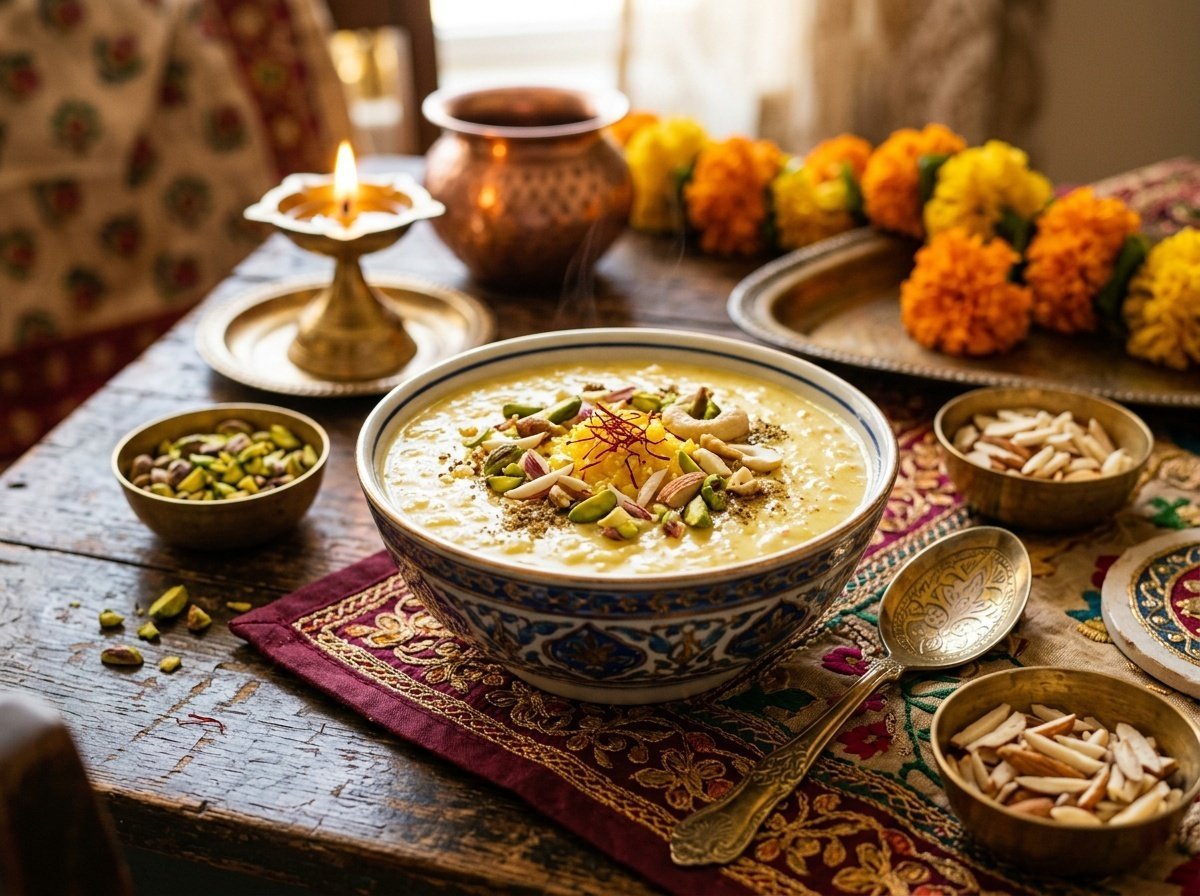 A bowl of creamy Indian Kheer garnished with nuts and saffron, served in a traditional style.