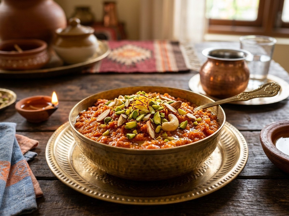 Rich Indian Carrot Halwa with Warm Cardamom Flavor A bowl of rich Indian carrot halwa garnished with nuts and saffron, set on a rustic wooden table.