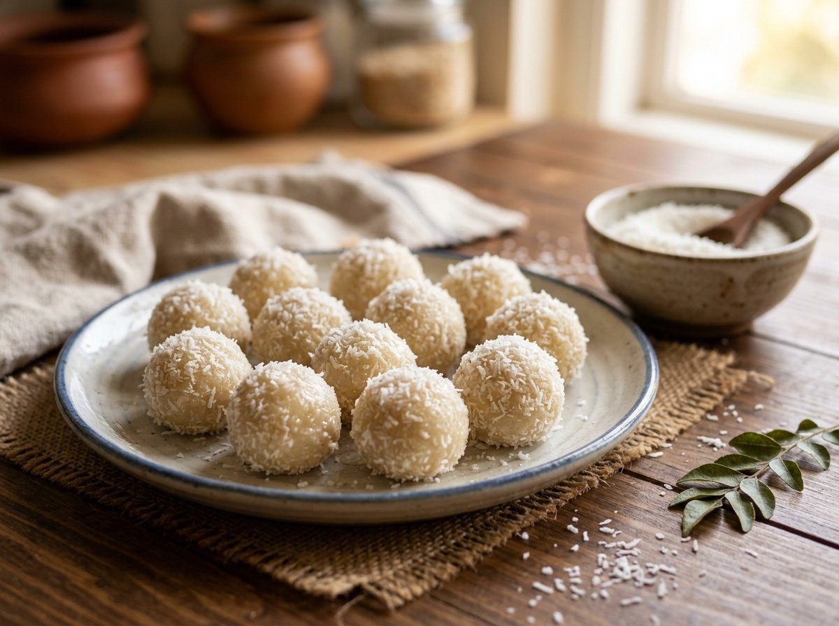 Sweet Indian Coconut Ladoo Recipe A plate of sweet coconut ladoos coated in shredded coconut, displayed with additional coconut flakes.