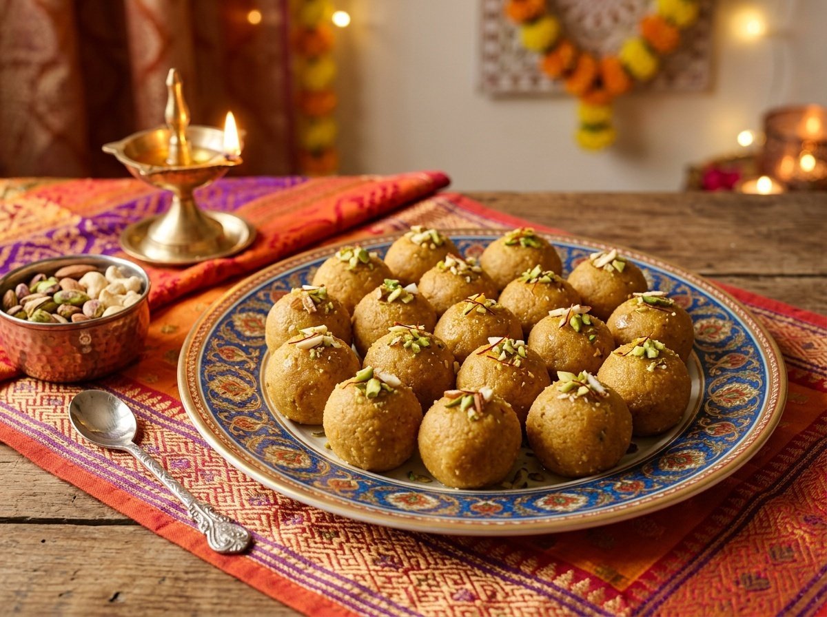 Golden-brown Besan Ladoos garnished with nuts and saffron, presented on a decorative plate.