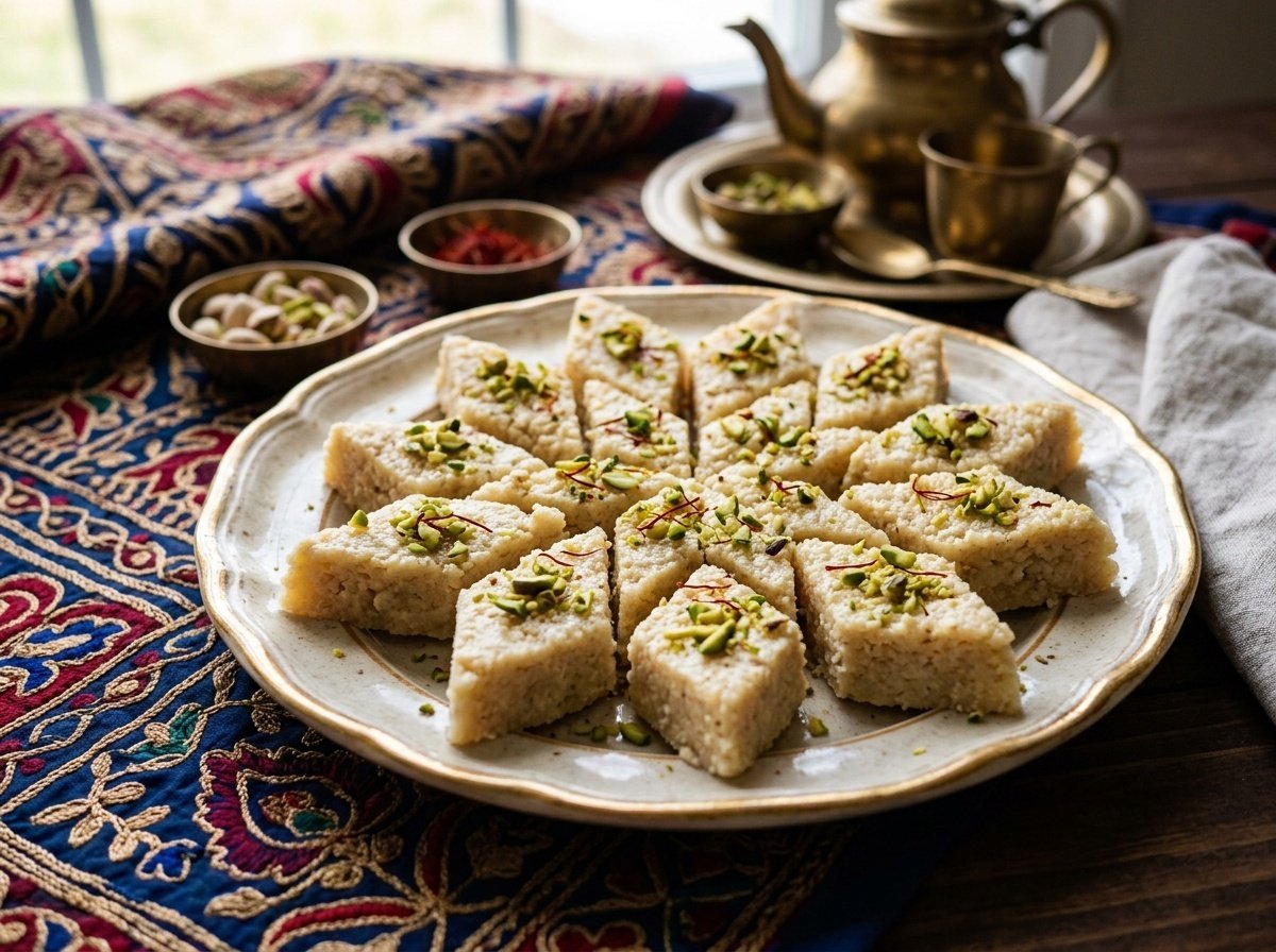 Sliced Indian milk cake garnished with pistachios and saffron on a decorative plate.