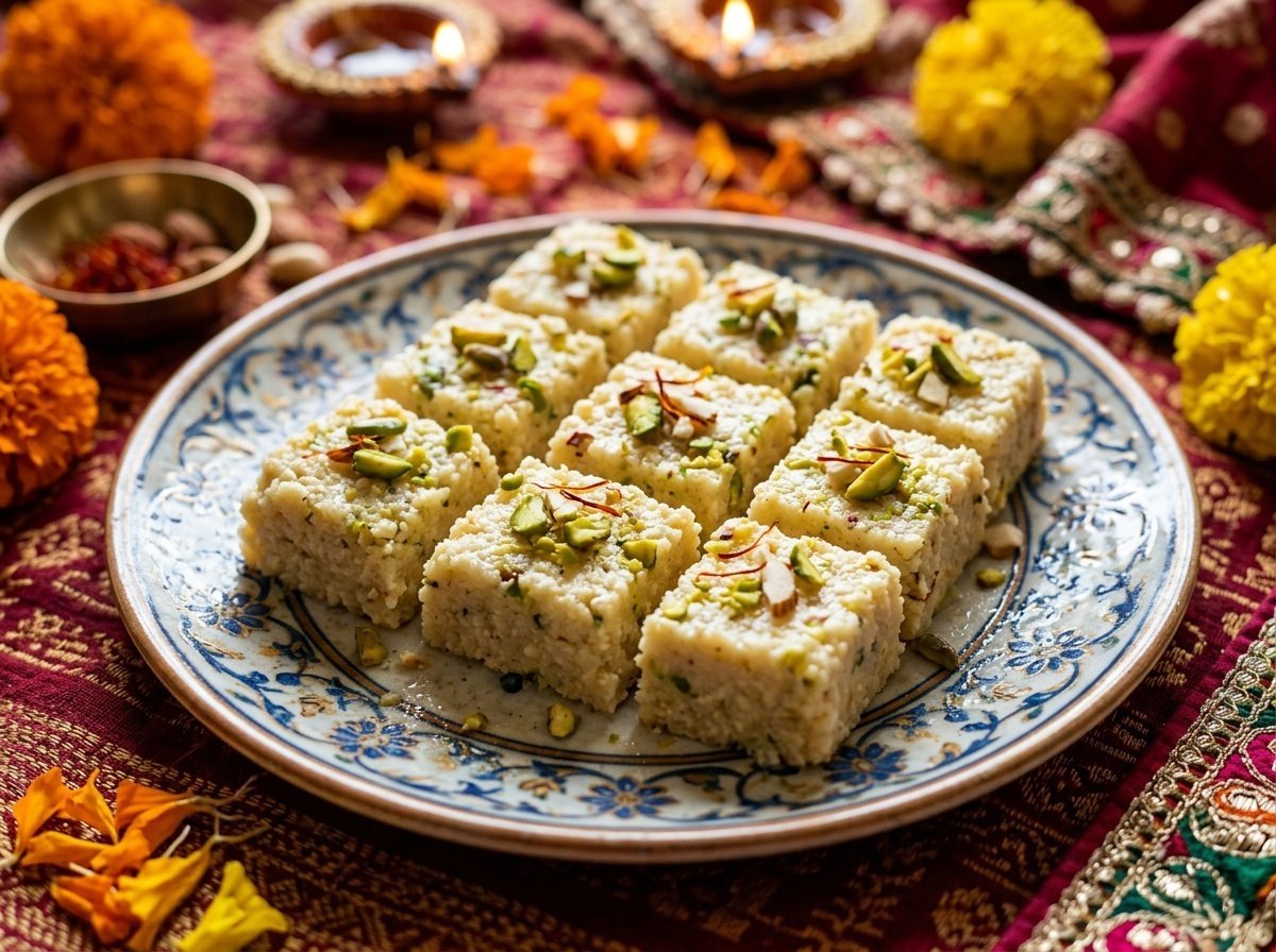 Delicious squares of Soft Indian Kalakand garnished with pistachios and saffron strands, served on a decorative plate.