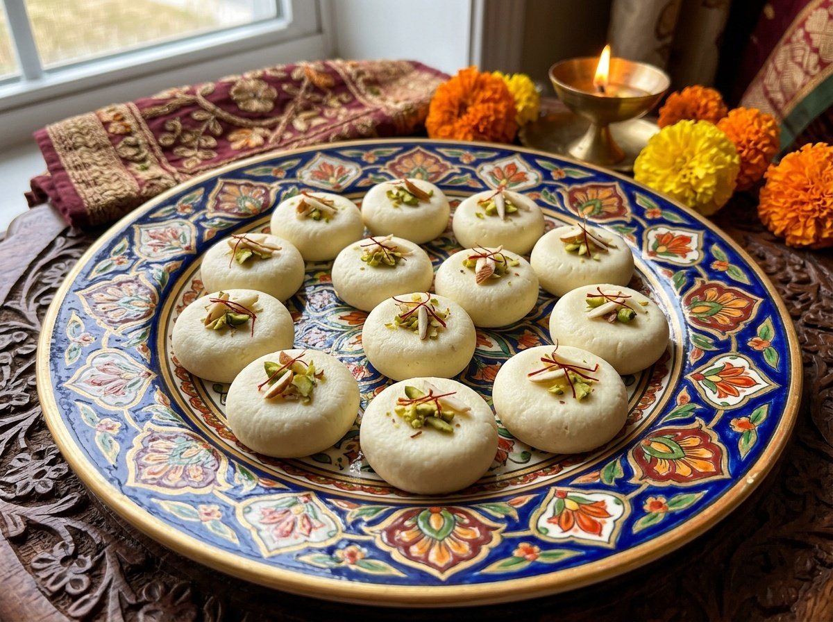 Delicate Indian Sandesh dessert shaped into discs, garnished with nuts and saffron on a colorful plate.