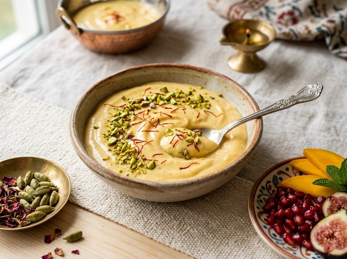 A serving of creamy Indian shrikhand with saffron and cardamom, garnished with pistachios, in a picturesque setting.