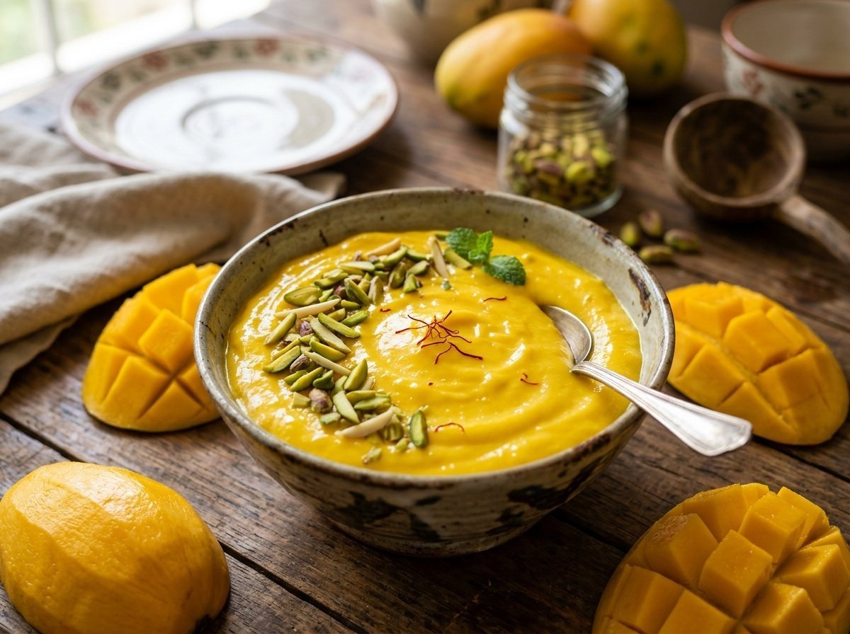 Creamy Mango Shrikhand garnished with pistachios and saffron, with fresh mango slices on a rustic wooden table.