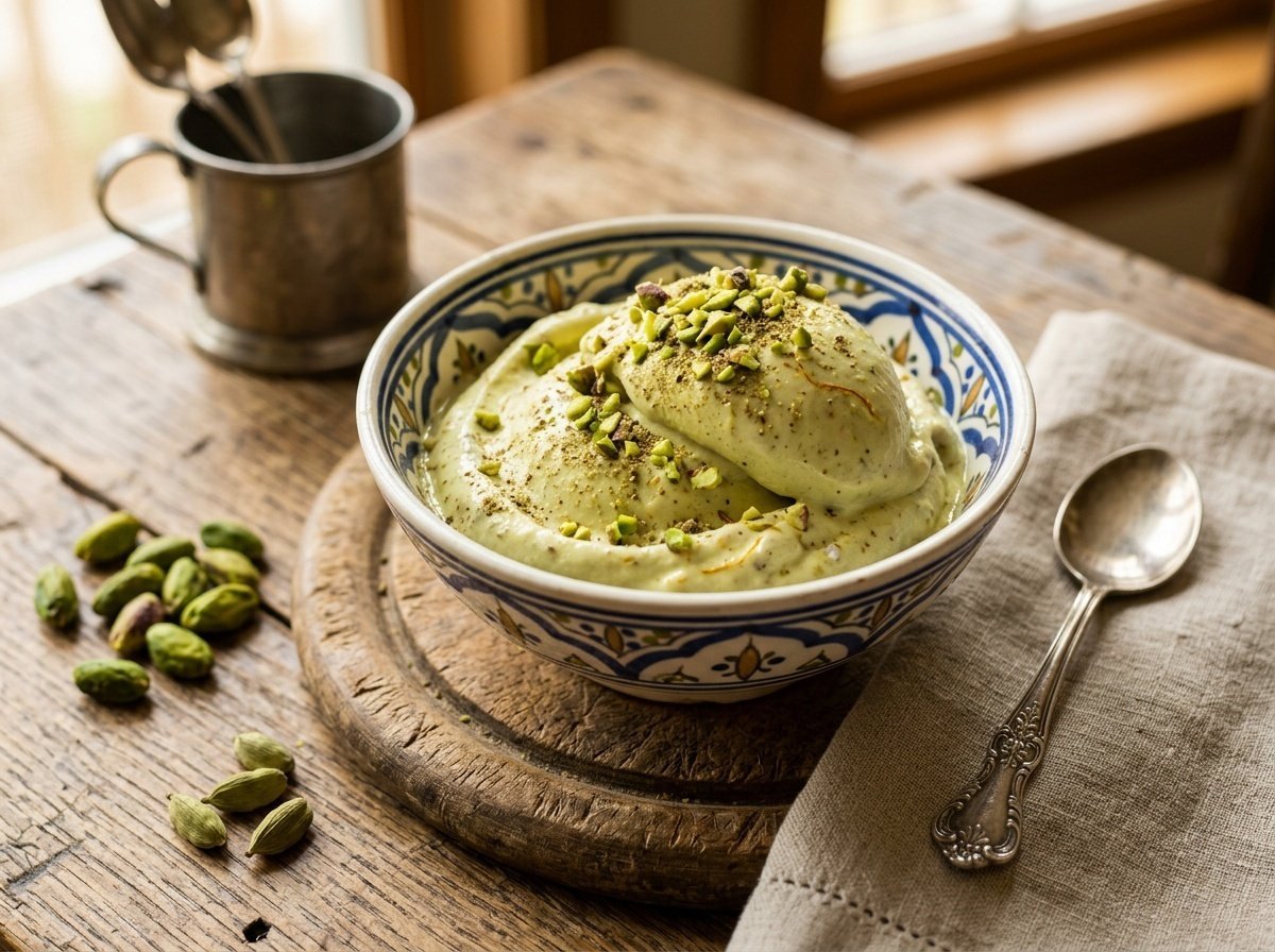 Creamy Pistachio Kulfi Recipe with Cardamom Creamy pistachio kulfi garnished with chopped pistachios and cardamom, served in a decorative dish.