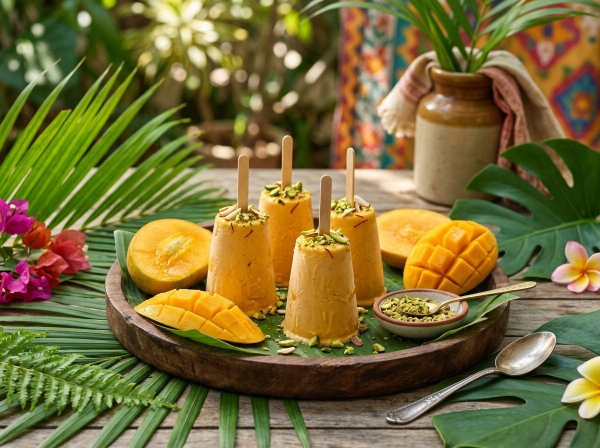 Delicious Tropical Mango Kulfi Recipe Tropical mango kulfi with pistachio garnish served on a wooden platter with fresh mangoes.