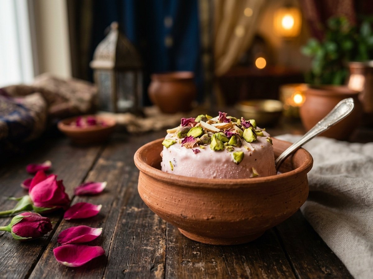 Fragrant Rose Kulfi with Pistachios and Cardamom Recipe Creamy pink kulfi with pistachios served in a bowl, garnished with rose petals.