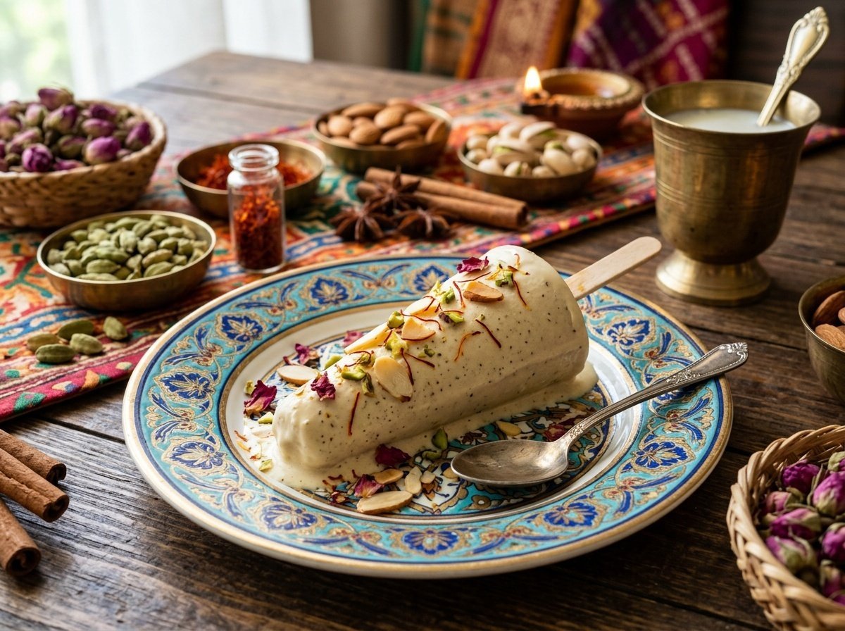 Creamy cardamom kulfi with almonds and saffron served on a plate.