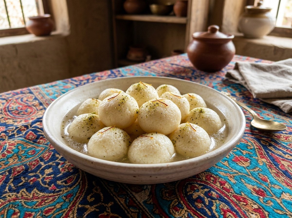 Soft Indian Rasgulla in Sweet Floral Syrup Recipe Soft Indian rasgullas in floral syrup garnished with cardamom and saffron on a colorful platter.