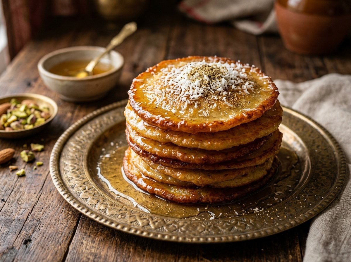 A stack of golden brown Malpua pancakes drenched in cardamom syrup, garnished with coconut, on a wooden surface.
