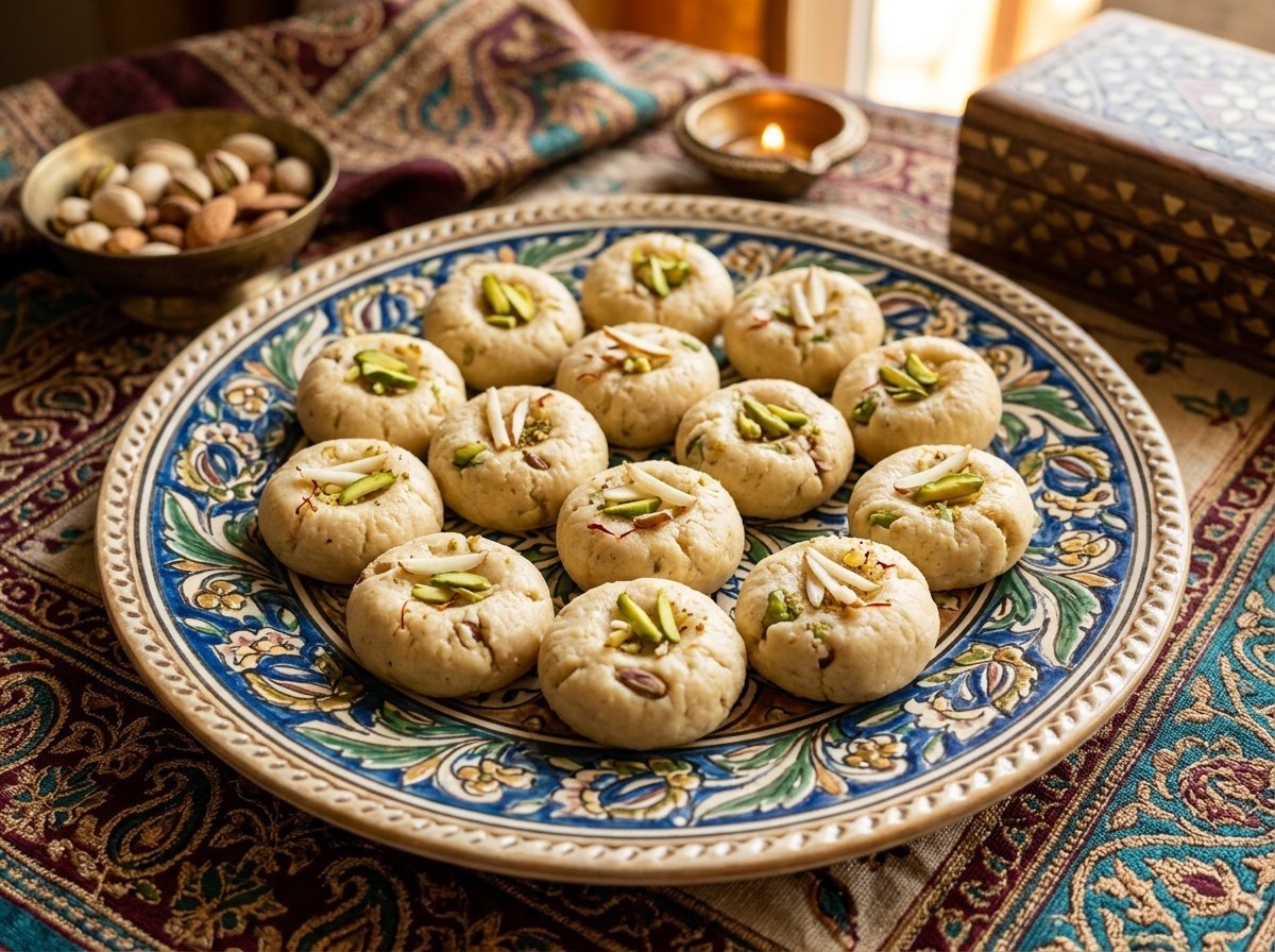 A plate of creamy Indian Peda candies garnished with nuts, on a decorative tablecloth.
