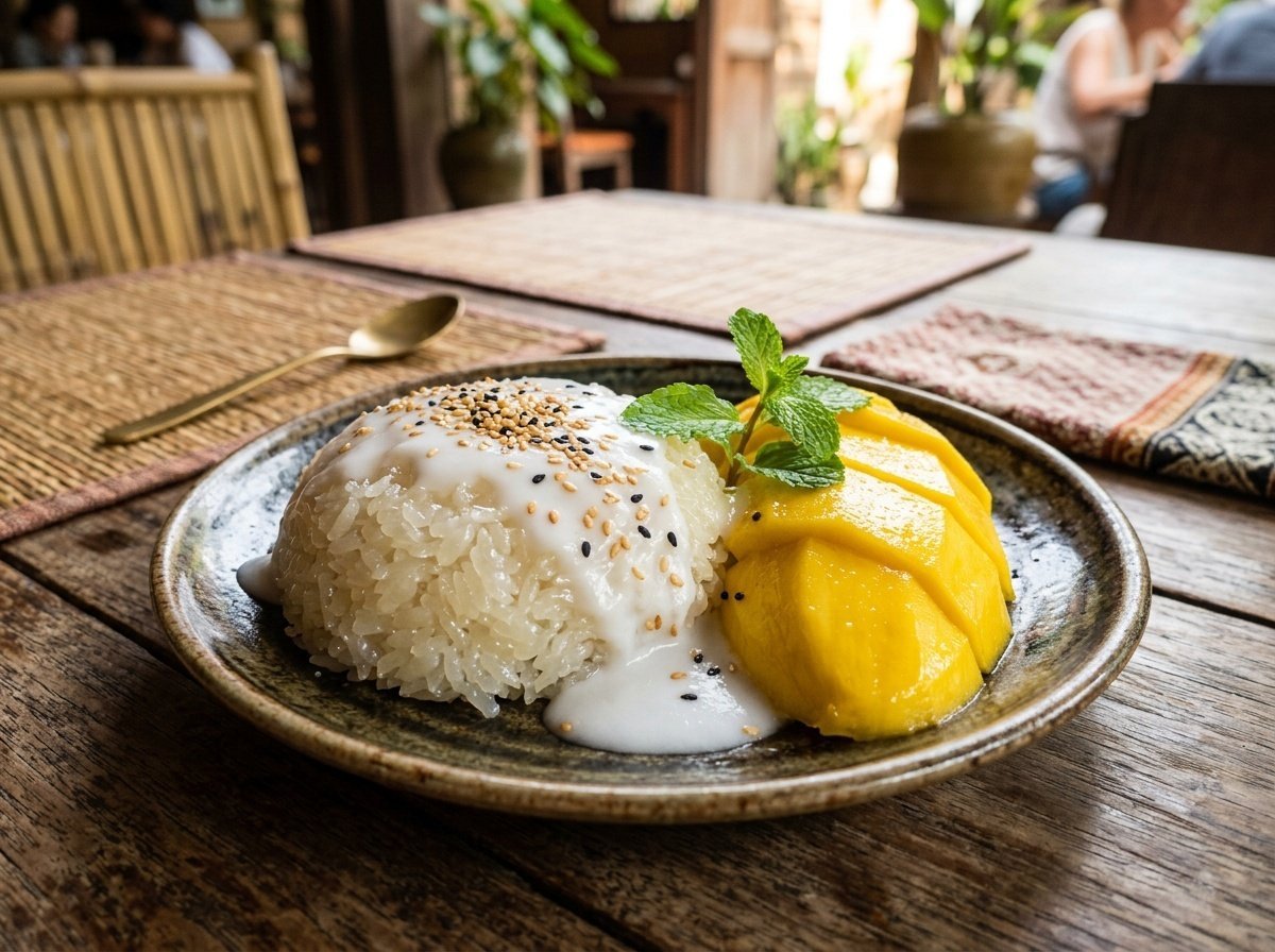 Classic Thai Mango Sticky Rice with coconut cream and ripe mango slices on a wooden table.