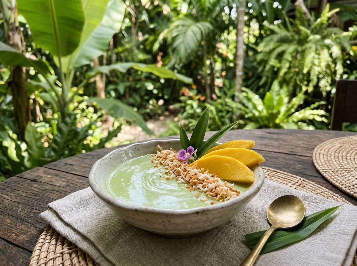 Silky Thai Coconut Custard Recipe Silky Thai coconut custard served in a dish, topped with toasted coconut and surrounded by fresh mango slices.