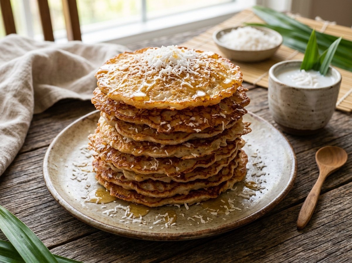Crispy Thai Coconut Pancakes with Creamy Centers Crispy Thai coconut pancakes stacked, sprinkled with coconut and drizzled with honey on a rustic wooden table.