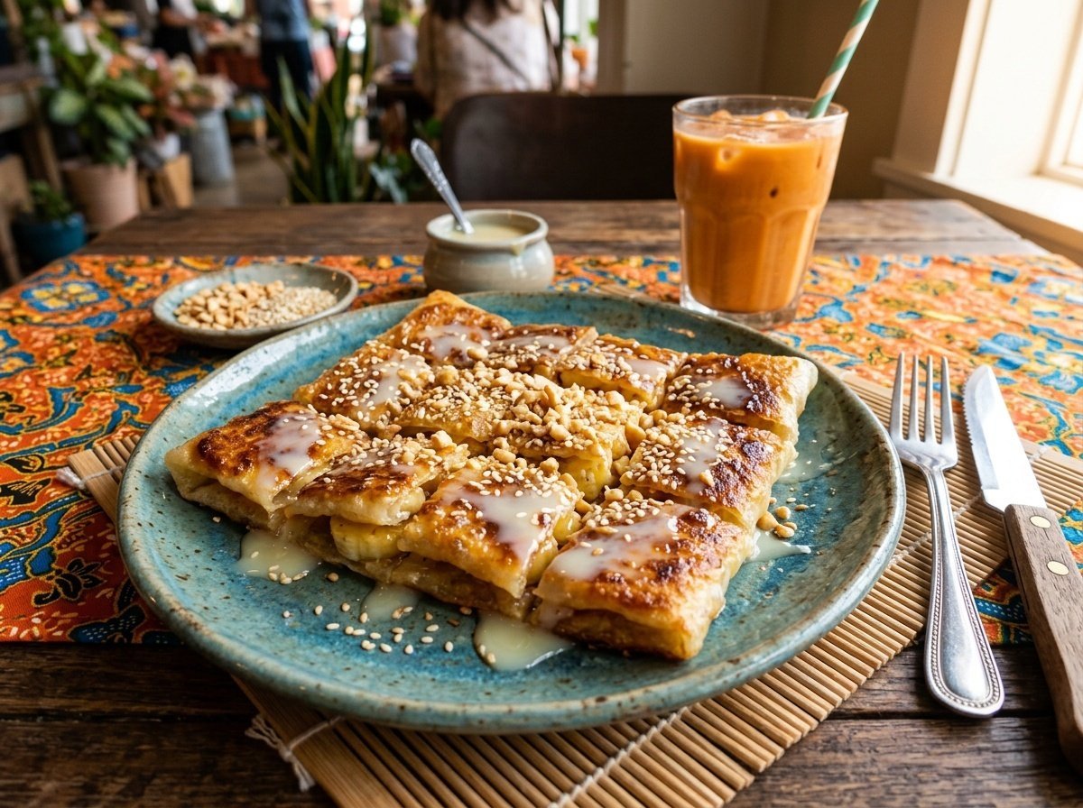 Golden brown Thai banana roti filled with bananas and drizzled with condensed milk, garnished with sesame seeds.