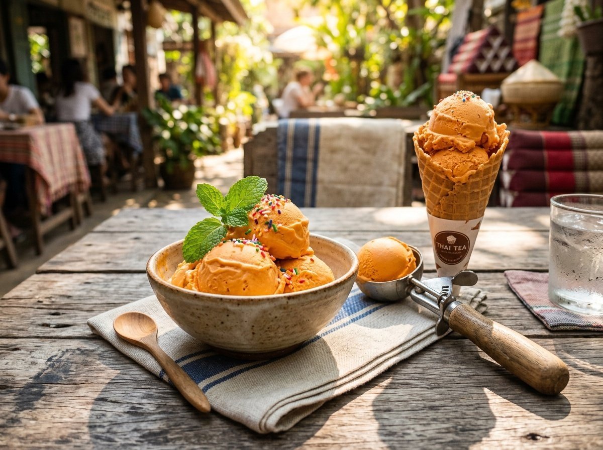 Creamy Thai Tea Ice Cream Recipe Bowl of Thai tea ice cream in orange color, garnished with mint, and a scoop next to an ice cream cone.