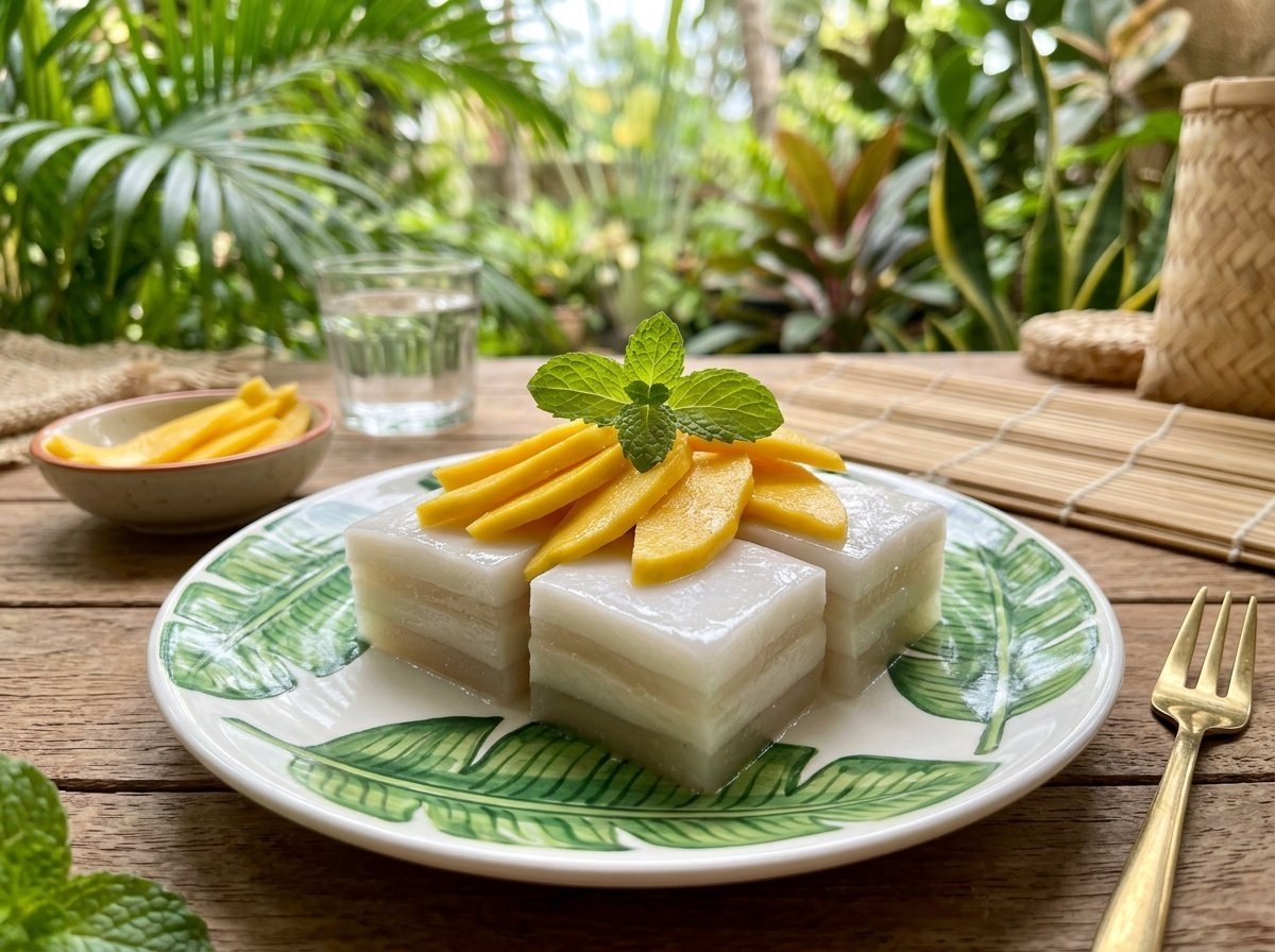 Chilled Thai coconut jelly garnished with mango slices and mint, served elegantly on a decorative plate.